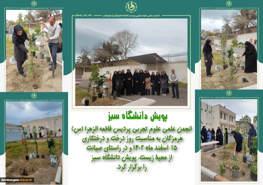 انجمن علمی علوم تجربی پردیس فاطمه الزهرا (س) هرمزگان به مناسبت روز درخت و درختکاری ۱۵ اسفند ماه ۱۴۰۲ و در راستای صیانت از محیط زیست، پویش دانشگاه سبز را برگزار کرد. 2