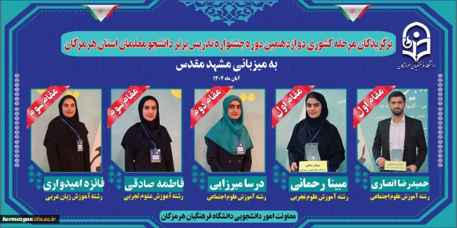 افتخارآفرینی دانشجومعلمان دانشگاه فرهنگیان استان هرمزگان در مرحله کشوری جشنواره تدریس برتر به میزبانی مشهد مقدس _ آبان ۱۴۰۴ 2
